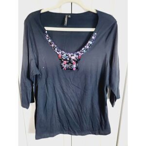 Susan Lawrence 1X Top 3/4‎ Sleeve Black Large Beading Vintage USA Cotton Blnd